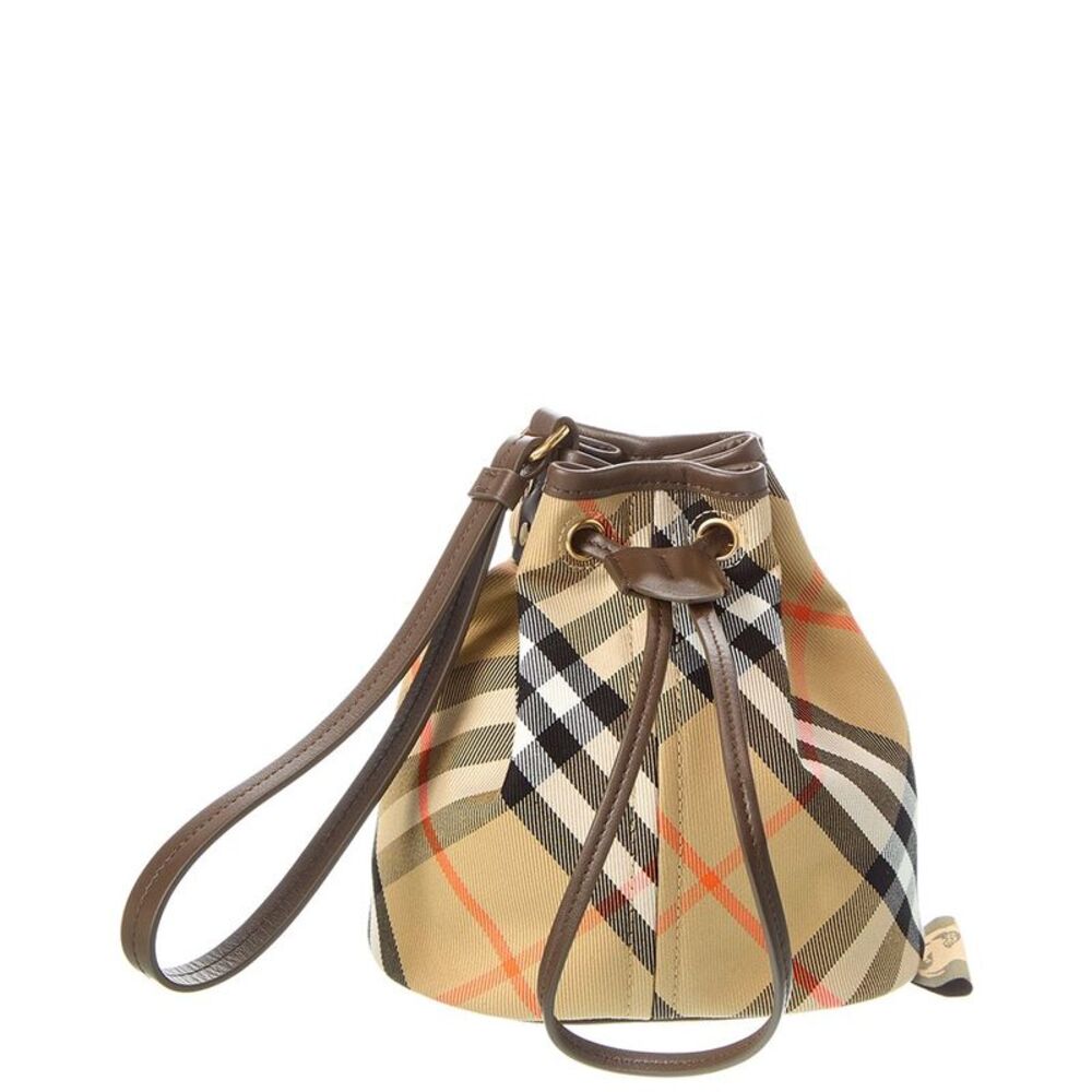 Burberry Check Canvas & Leather Drawstring Pouch, Brown